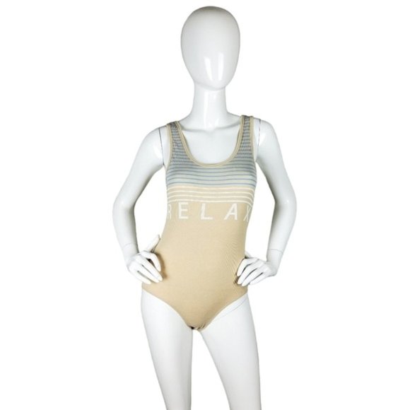 Wildfox Relax Coco Striped Bodysuit Fitted Rib In Sandcastle Beige Small - Picture 1 of 6
